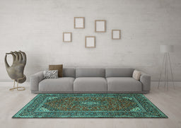 Machine Washable Medallion Turquoise Traditional Area Rugs in a Living Room,, wshtr1611turq