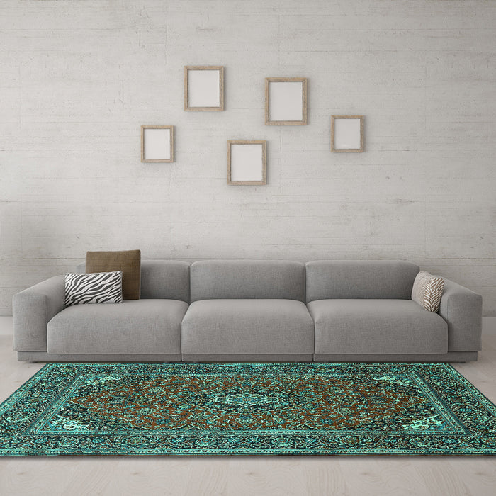 Machine Washable Medallion Turquoise Traditional Area Rugs in a Living Room,, wshtr1611turq