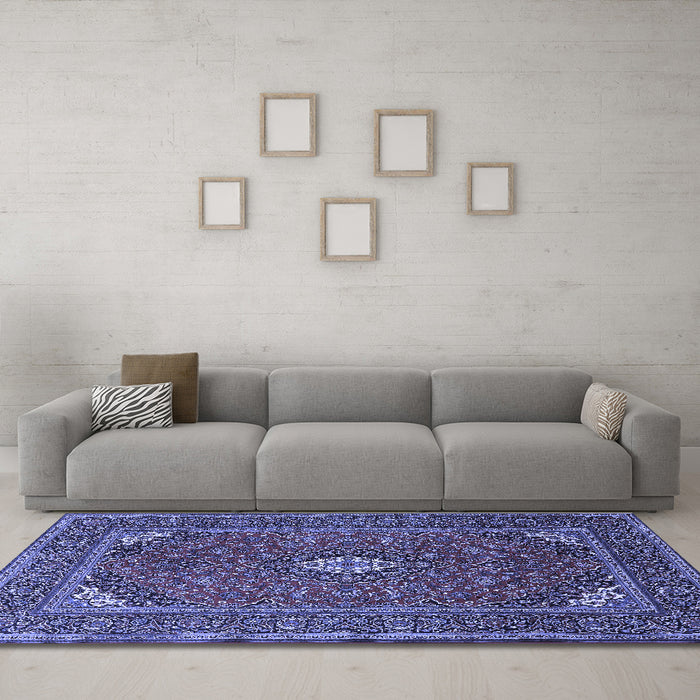 Machine Washable Medallion Blue Traditional Rug in a Living Room, wshtr1611blu