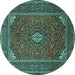 Round Machine Washable Medallion Turquoise Traditional Area Rugs, wshtr1611turq