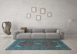 Machine Washable Medallion Light Blue Traditional Rug in a Living Room, wshtr1611lblu