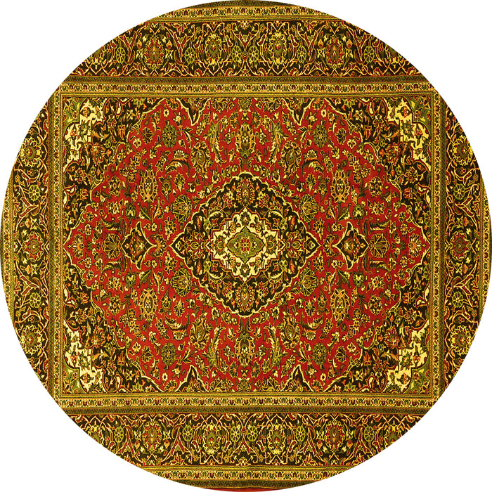 Round Machine Washable Medallion Yellow Traditional Rug, wshtr1611yw