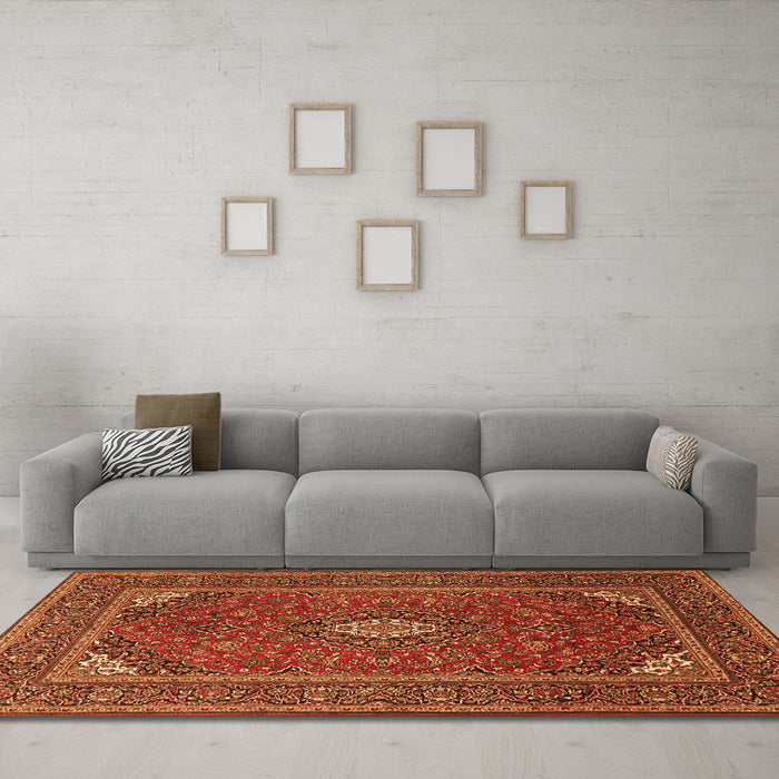 Machine Washable Medallion Orange Traditional Area Rugs in a Living Room, wshtr1611org