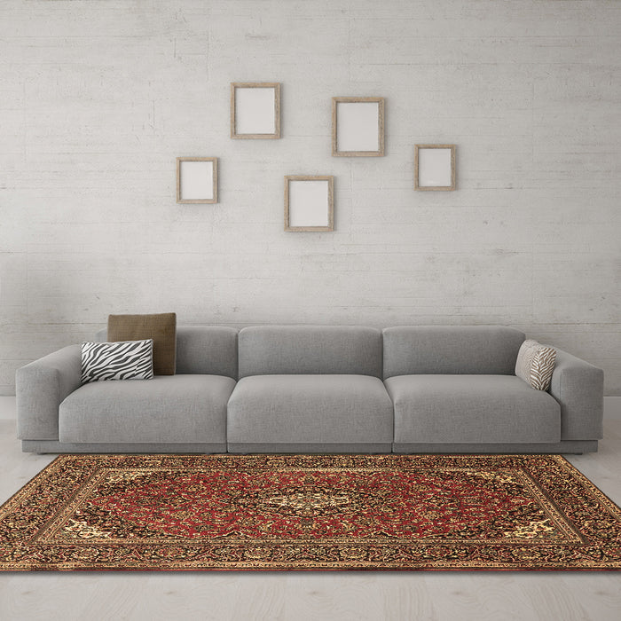 Machine Washable Medallion Brown Traditional Rug in a Living Room,, wshtr1611brn