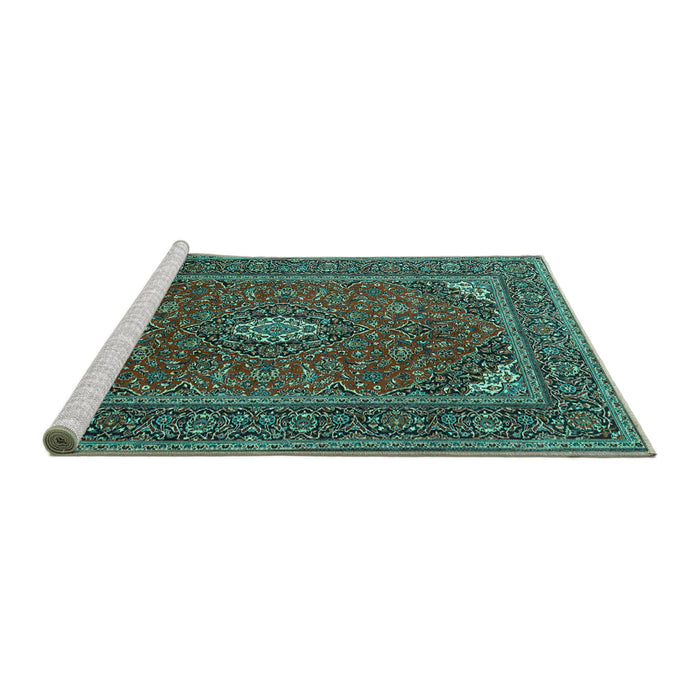 Sideview of Machine Washable Medallion Turquoise Traditional Area Rugs, wshtr1611turq
