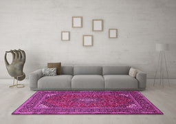 Machine Washable Medallion Pink Traditional Rug in a Living Room, wshtr1611pnk