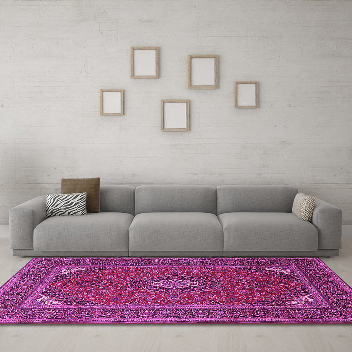 Machine Washable Medallion Pink Traditional Rug in a Living Room, wshtr1611pnk