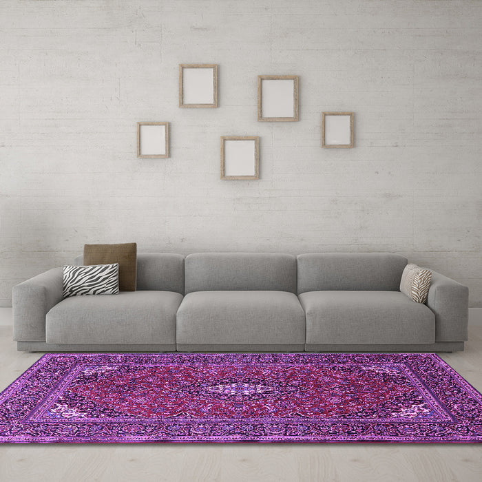 Machine Washable Medallion Purple Traditional Area Rugs in a Living Room, wshtr1611pur