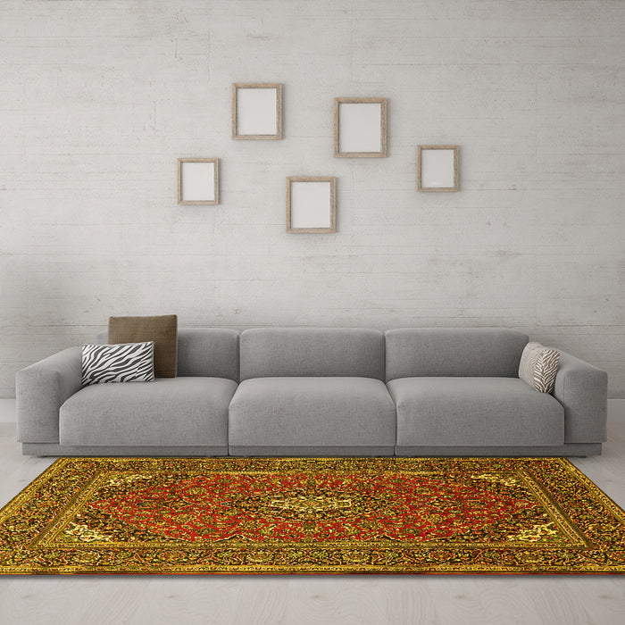 Machine Washable Medallion Yellow Traditional Rug in a Living Room, wshtr1611yw