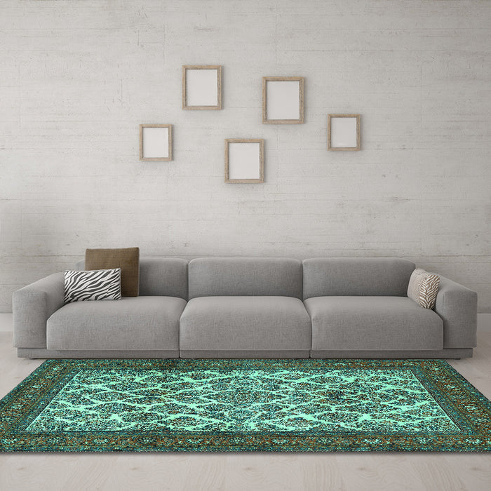 Machine Washable Persian Turquoise Traditional Area Rugs in a Living Room,, wshtr1612turq