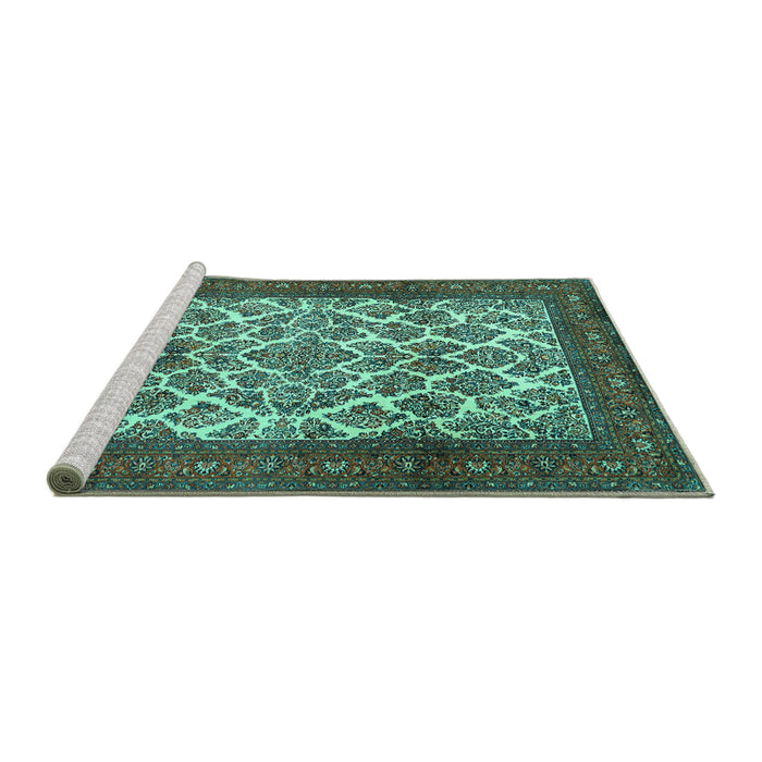 Sideview of Machine Washable Persian Turquoise Traditional Area Rugs, wshtr1612turq