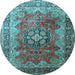 Round Machine Washable Medallion Light Blue Traditional Rug, wshtr1613lblu