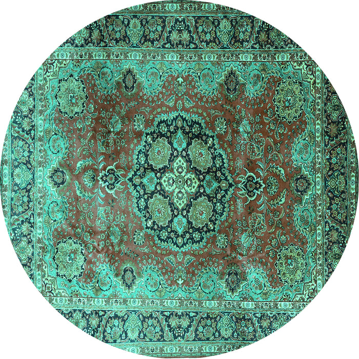 Round Machine Washable Medallion Turquoise Traditional Area Rugs, wshtr1613turq