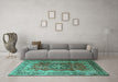 Machine Washable Medallion Turquoise Traditional Area Rugs in a Living Room,, wshtr1613turq