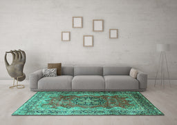 Machine Washable Medallion Turquoise Traditional Area Rugs in a Living Room,, wshtr1613turq