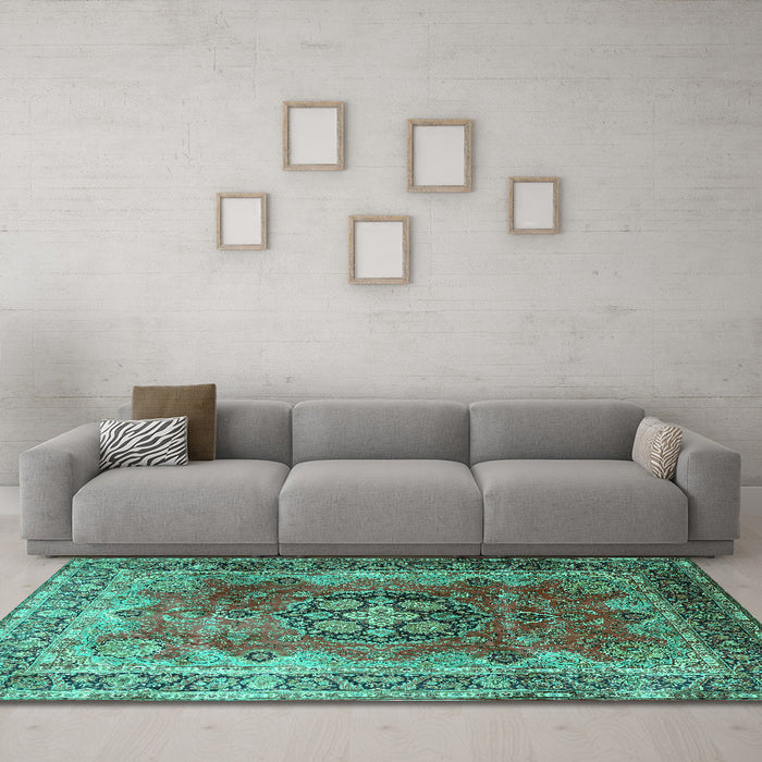 Machine Washable Medallion Turquoise Traditional Area Rugs in a Living Room,, wshtr1613turq