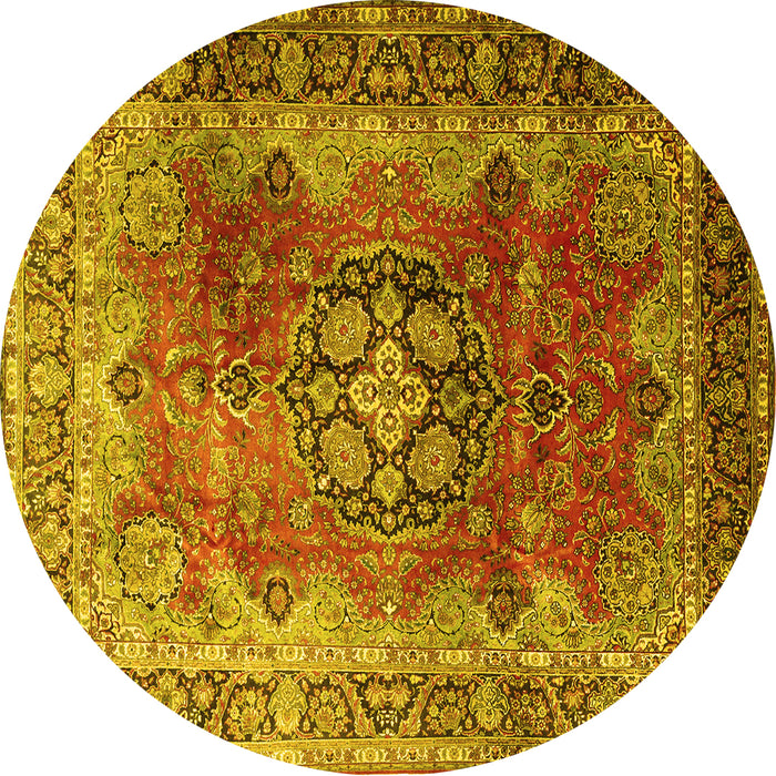 Round Machine Washable Medallion Yellow Traditional Rug, wshtr1613yw