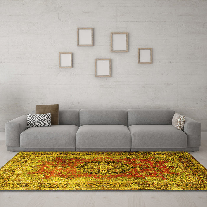 Machine Washable Medallion Yellow Traditional Rug in a Living Room, wshtr1613yw