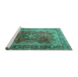 Sideview of Machine Washable Medallion Turquoise Traditional Area Rugs, wshtr1613turq