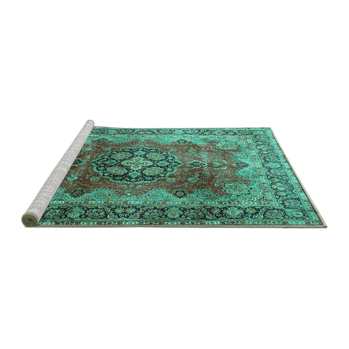 Sideview of Machine Washable Medallion Turquoise Traditional Area Rugs, wshtr1613turq