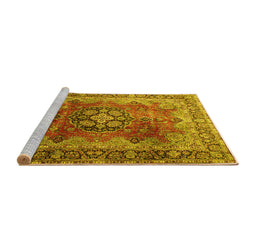 Sideview of Machine Washable Medallion Yellow Traditional Rug, wshtr1613yw