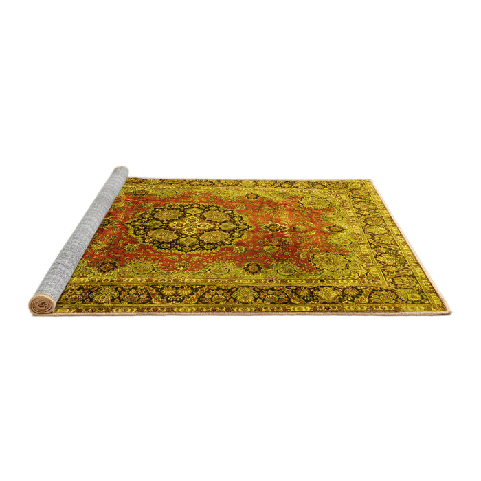 Sideview of Machine Washable Medallion Yellow Traditional Rug, wshtr1613yw
