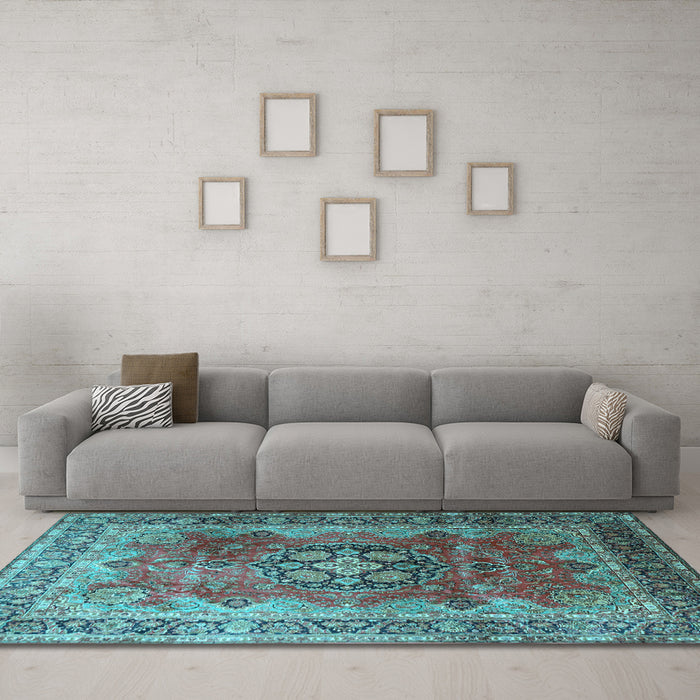 Machine Washable Medallion Light Blue Traditional Rug in a Living Room, wshtr1613lblu
