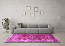 Machine Washable Medallion Pink Traditional Rug in a Living Room, wshtr1613pnk