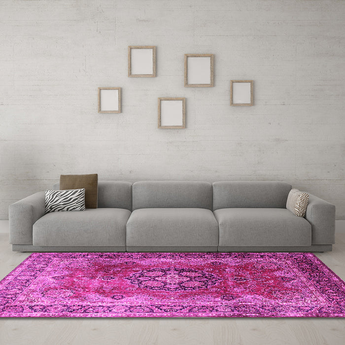 Machine Washable Medallion Pink Traditional Rug in a Living Room, wshtr1613pnk