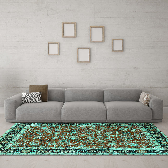 Machine Washable Persian Turquoise Traditional Area Rugs in a Living Room,, wshtr1614turq