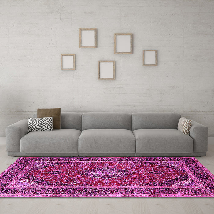 Machine Washable Medallion Pink Traditional Rug in a Living Room, wshtr1615pnk