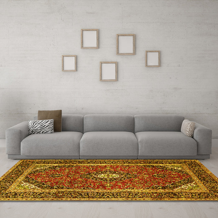 Machine Washable Medallion Yellow Traditional Rug in a Living Room, wshtr1615yw