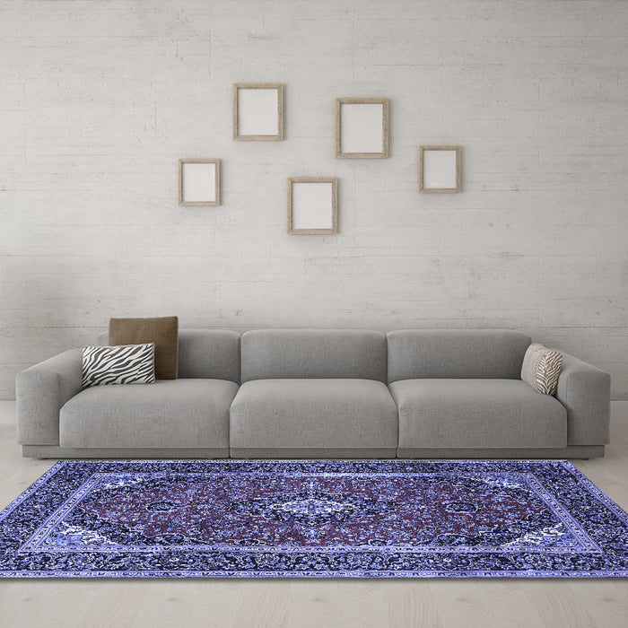 Machine Washable Medallion Blue Traditional Rug in a Living Room, wshtr1615blu