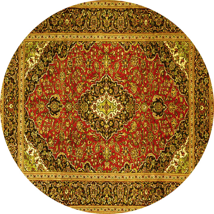 Round Machine Washable Medallion Yellow Traditional Rug, wshtr1615yw