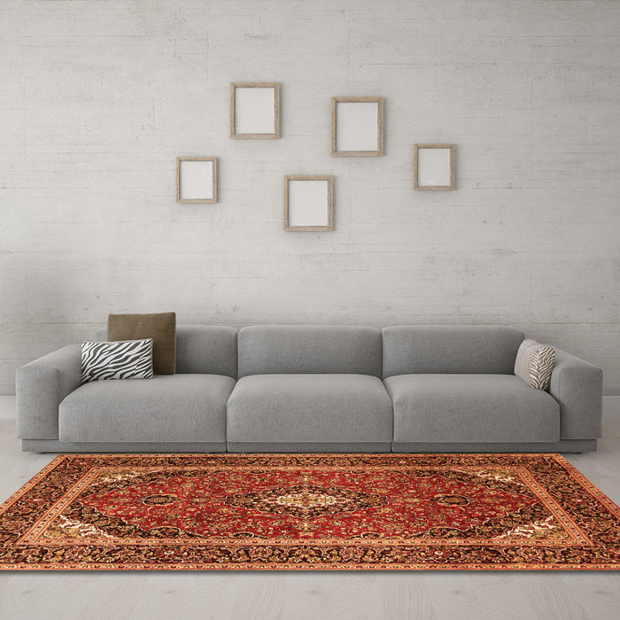 Machine Washable Medallion Orange Traditional Area Rugs in a Living Room, wshtr1615org