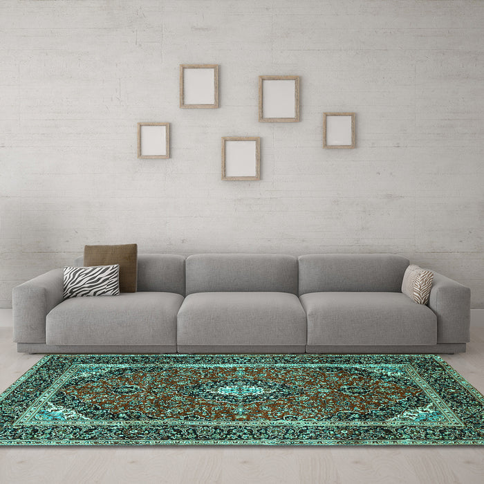 Machine Washable Medallion Turquoise Traditional Area Rugs in a Living Room,, wshtr1615turq