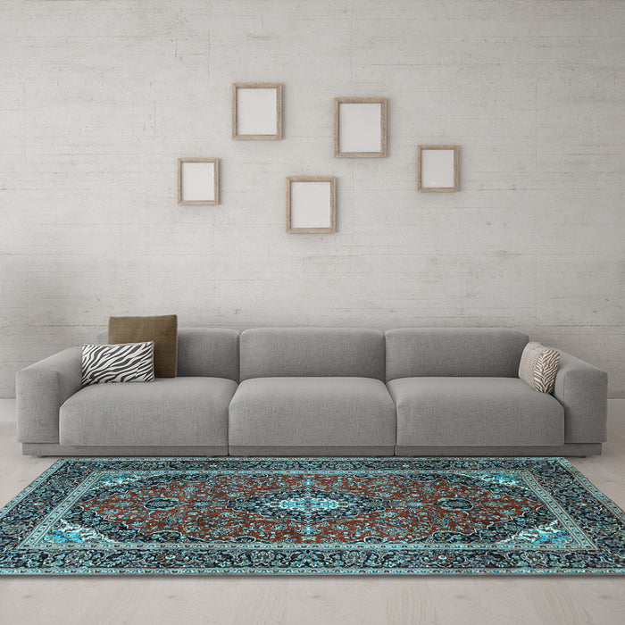 Machine Washable Medallion Light Blue Traditional Rug in a Living Room, wshtr1615lblu