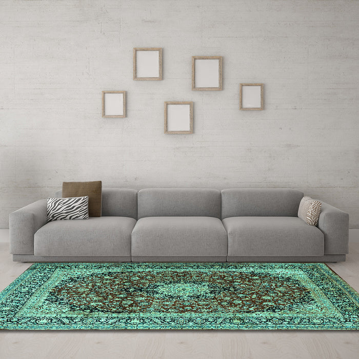 Machine Washable Persian Turquoise Traditional Area Rugs in a Living Room,, wshtr1617turq