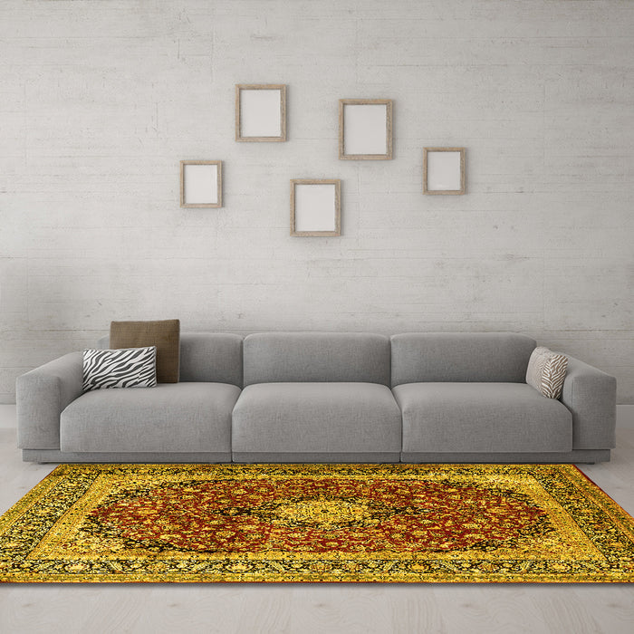 Machine Washable Persian Yellow Traditional Rug in a Living Room, wshtr1617yw