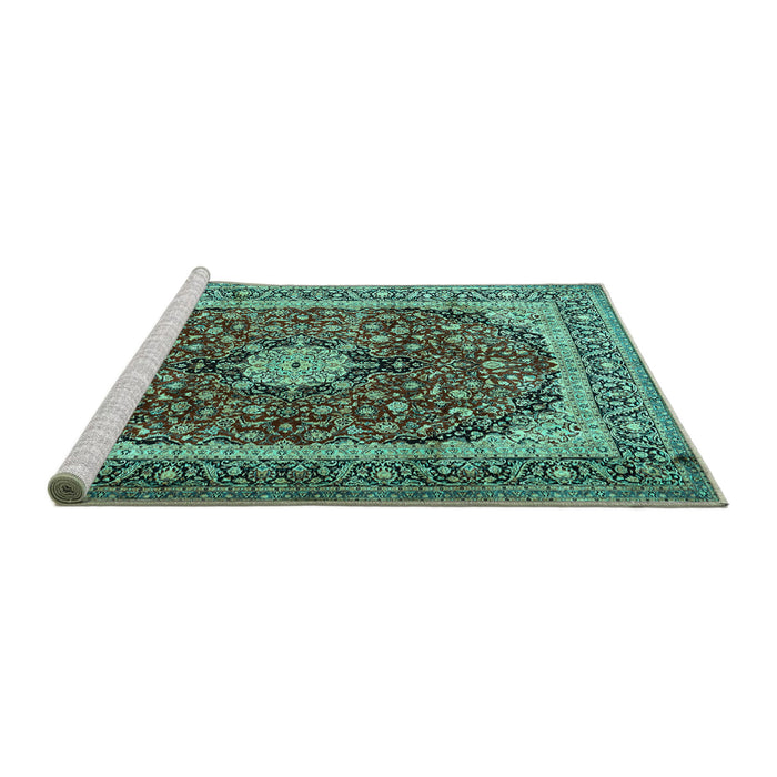 Sideview of Machine Washable Persian Turquoise Traditional Area Rugs, wshtr1617turq