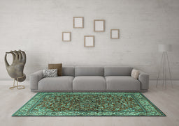 Machine Washable Persian Turquoise Traditional Area Rugs in a Living Room,, wshtr1618turq