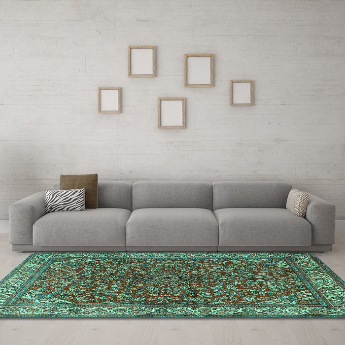 Machine Washable Persian Turquoise Traditional Area Rugs in a Living Room,, wshtr1618turq