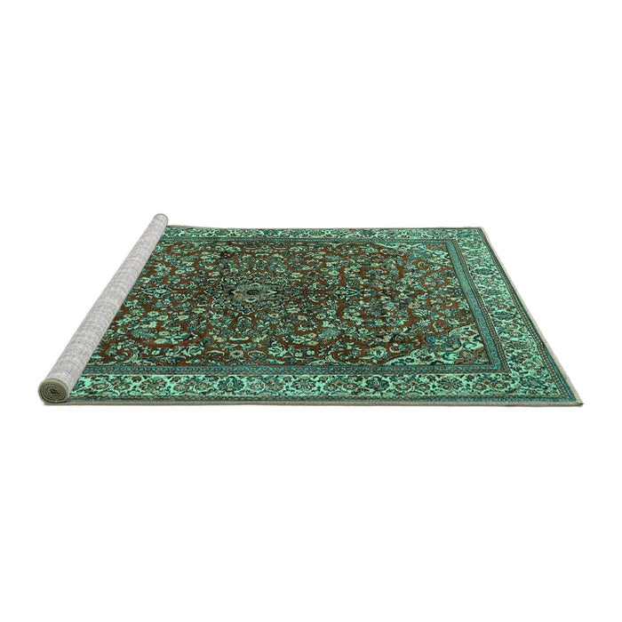 Sideview of Machine Washable Persian Turquoise Traditional Area Rugs, wshtr1618turq
