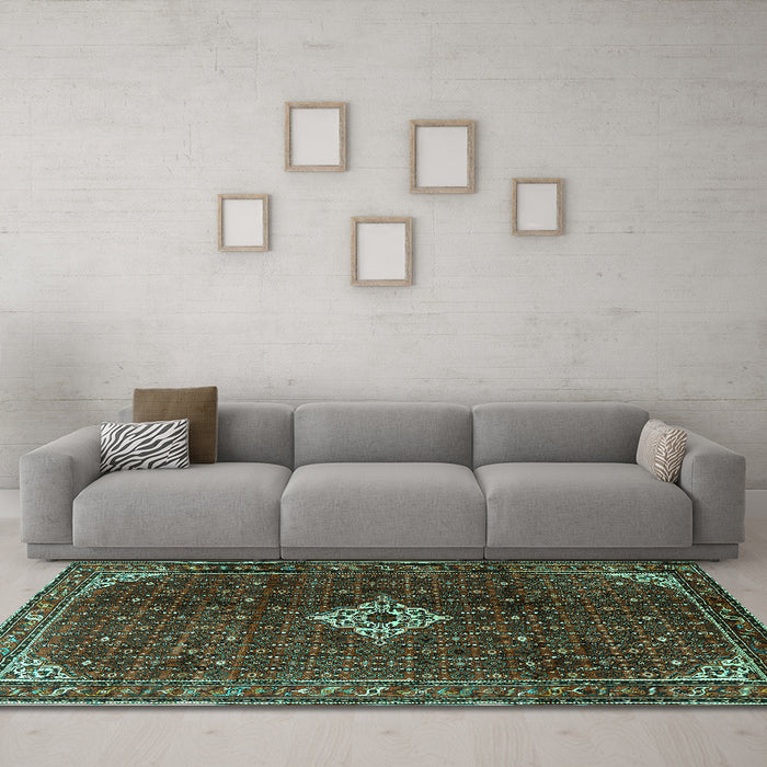 Machine Washable Persian Turquoise Traditional Area Rugs in a Living Room,, wshtr1619turq