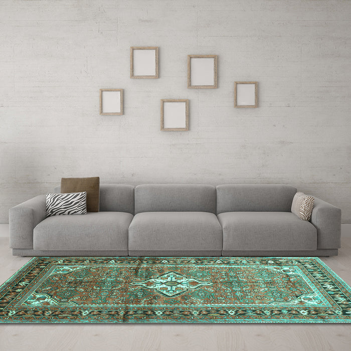 Machine Washable Persian Turquoise Traditional Area Rugs in a Living Room,, wshtr161turq
