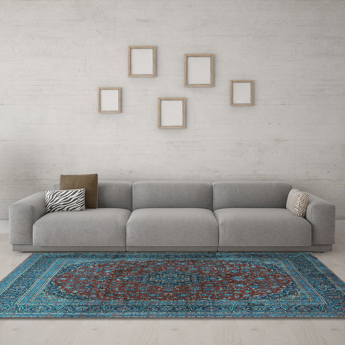 Machine Washable Medallion Light Blue Traditional Rug in a Living Room, wshtr1620lblu