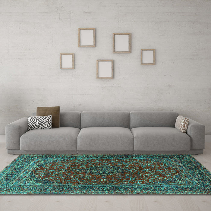 Machine Washable Medallion Turquoise Traditional Area Rugs in a Living Room,, wshtr1620turq