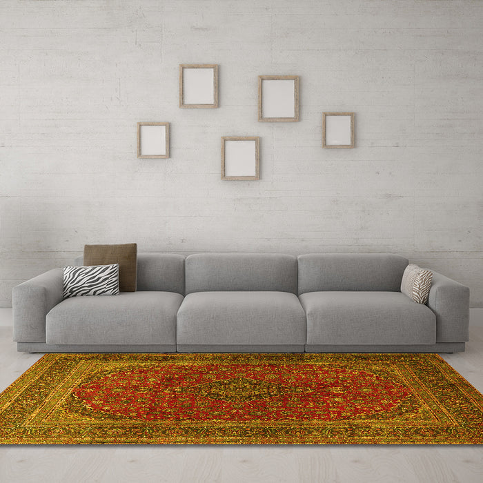 Machine Washable Medallion Yellow Traditional Rug in a Living Room, wshtr1620yw