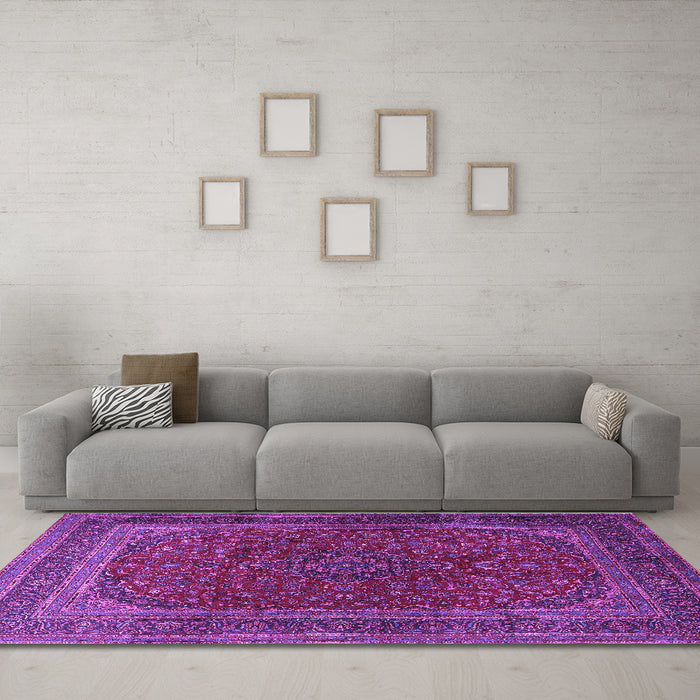 Machine Washable Medallion Purple Traditional Area Rugs in a Living Room, wshtr1620pur
