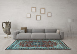 Machine Washable Medallion Light Blue Traditional Rug in a Living Room, wshtr1621lblu